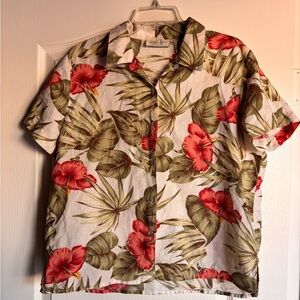 Lemongrass linen blend button-down floral Hawaiian shirt women’s petite large